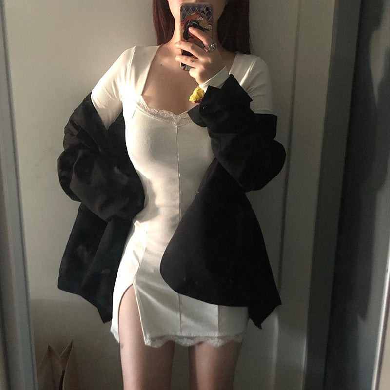 Sixsr Women Winter Dress Women New Arrivals Sexy Long Sleeve Lace Split Black White Solid Party Dresses Vestidos