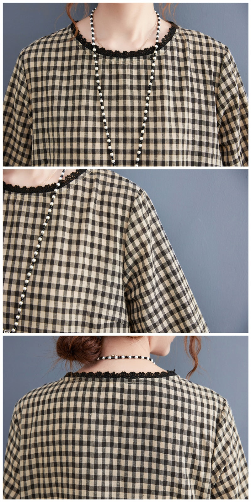 New Fashion Plaid Patchwork Lace Long Sleeve Autumn Dress Cotton Linen Office Lady Work Dress Women Casual Spring Dress