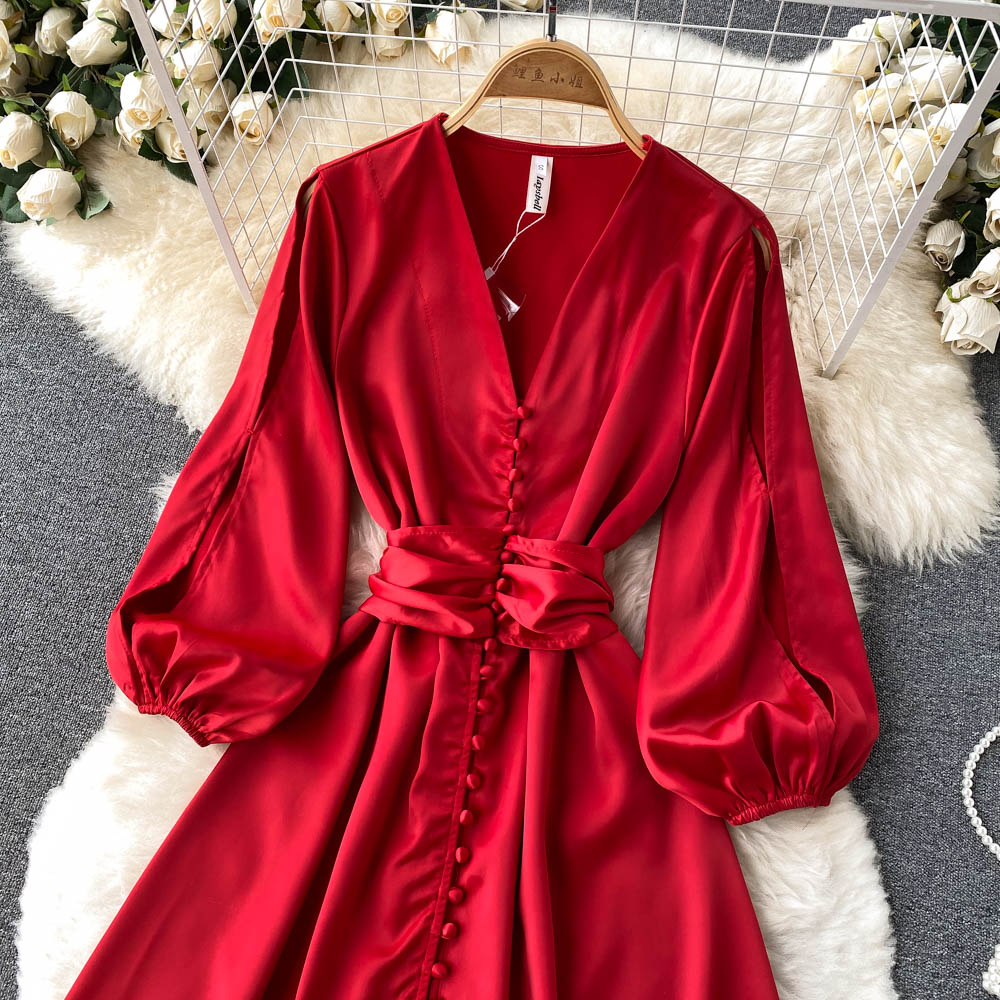 Sixsr Womens Fashion Irregular Maxi Dress Women Design Hollow Puff Sleeve A-line Dress New Autumn Casual Vacation Split Long Dress