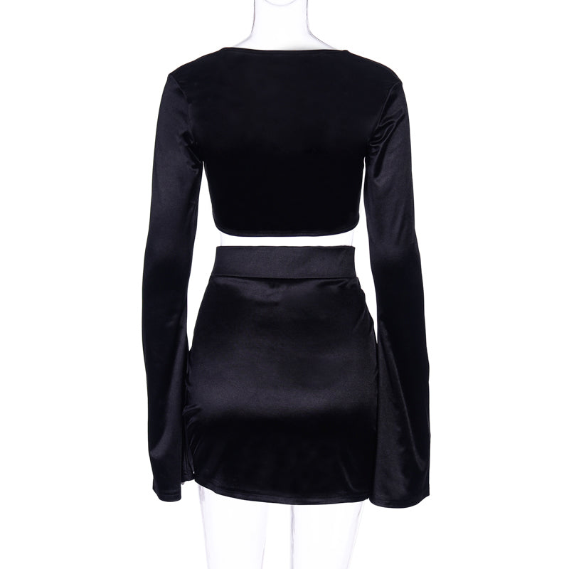 Sixsr Satin Flare Long Sleeve 2 Two Piece Matching Set Women Crop Top Skirt Autumn Winter Birthday Fashion Sexy Clothes
