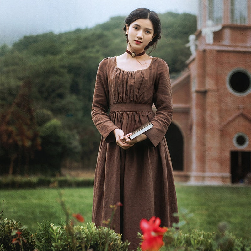 sixsr Spring Autumn Women 100%Linen Coffee Long Dress Ladies Victoria Royal Vintage Elegant Long Sleeve High Waist Dress robe longue