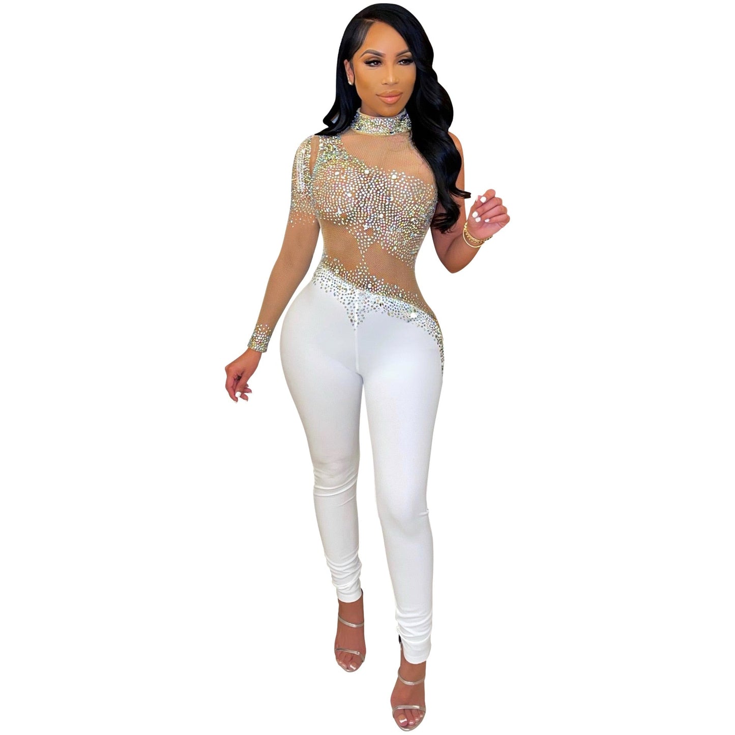 Sixsr Sheer Mesh Diamonds Sequined Pearls High Split Long Dress For Women Straps Bodycon Long Vestidos Night Party Rhinestone Outfits