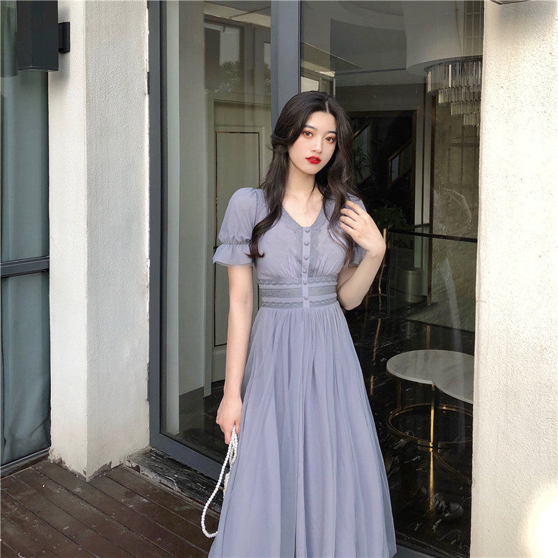 Sixsr Summer Mesh Dress Women Puff Sleeve V-neck A-line Slim Korean Style Mesh Retro DressElegant Vintage Vestidos Female News