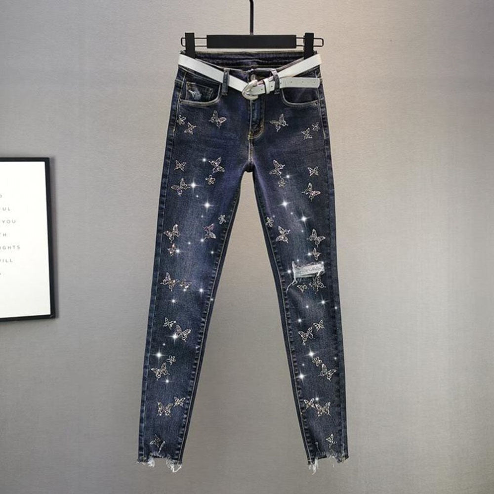 Sixsr Hot Sales High Waist Jeans Women Beading Butterfly Fashion Ripped Jeans Casual Plus size Stretch Jeans Female Washed Denim Pencil Pants