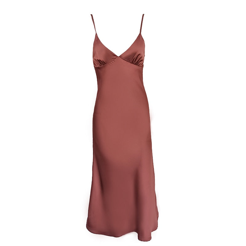 Sixsr Women Satin Deep V Neck Sexy Dress Solid Straight Pajamas Party Dress Elegant Female Summer Spaghetti Strap Dress Casual