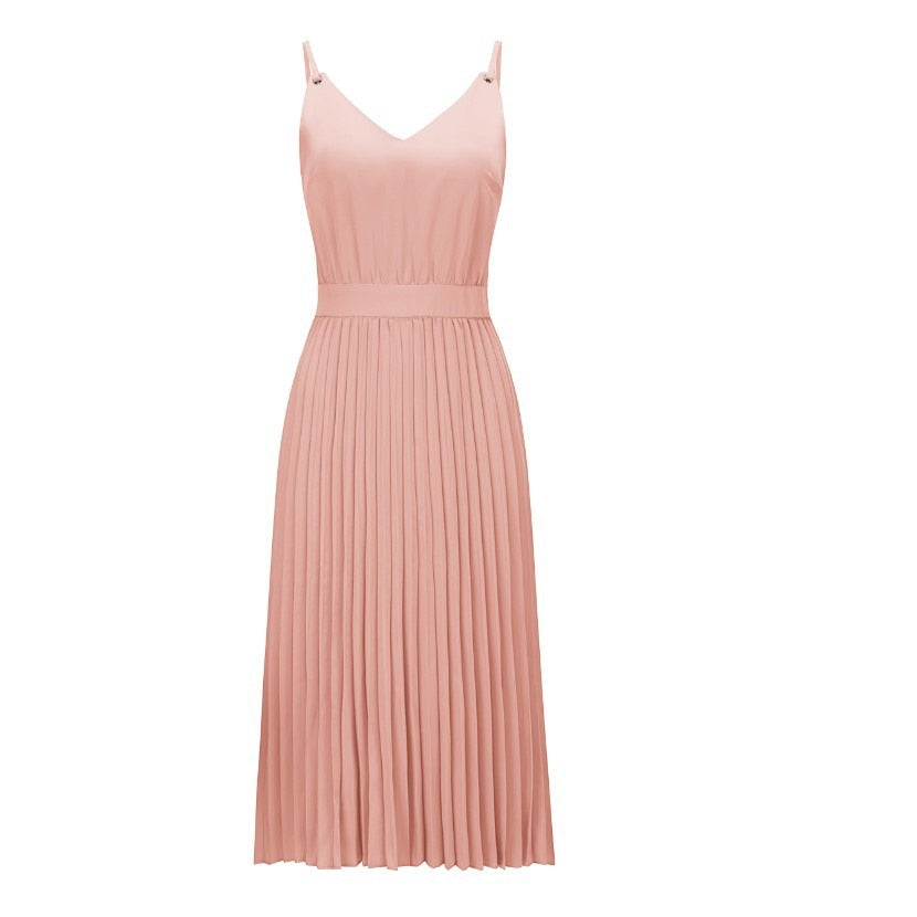 Sexy Women Summer Sexy Dress Spaghetti Strap Dress V-Neck Pink Female Pleated Midi Dress Casual Office Ladies Party Dresses