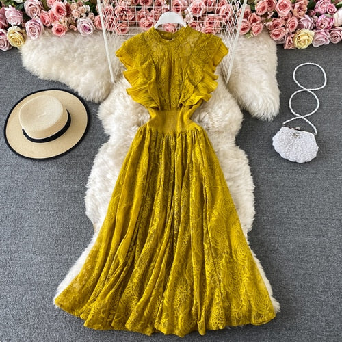 Sixsr Vintage Purple/Green/Red Lace Midi Dress Women Sweet Round Neck Ruffle Vestidos Female High Waist Slim Robe Spring Autumn