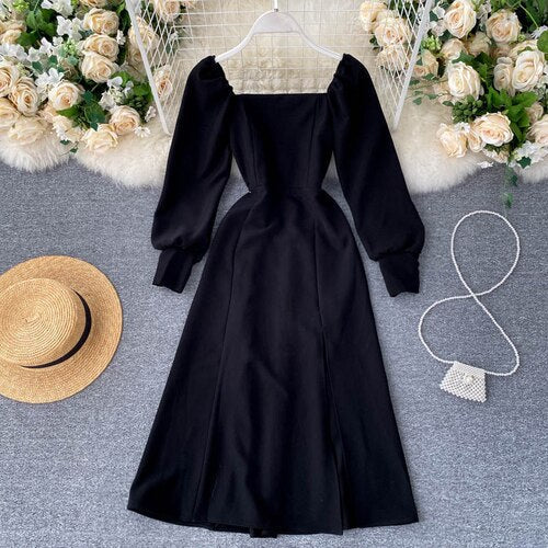 Sixsr Women Autumn New Split Dress French Retro Square Collar Waist Hugging Slim Puff Sleeve Beading Midi Dress Female Vestidos PL487