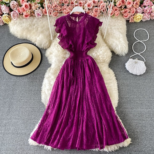 Sixsr Vintage Purple/Green/Red Lace Midi Dress Women Sweet Round Neck Ruffle Vestidos Female High Waist Slim Robe Spring Autumn