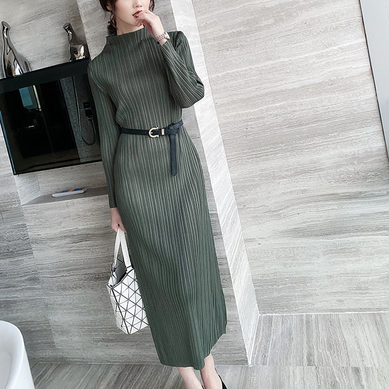 sixsr Trends Spring Winter Miyake Pleated Women Comfortable Dress Long Sleeve High Quality Korean Style Casual Aesthetic Clothes