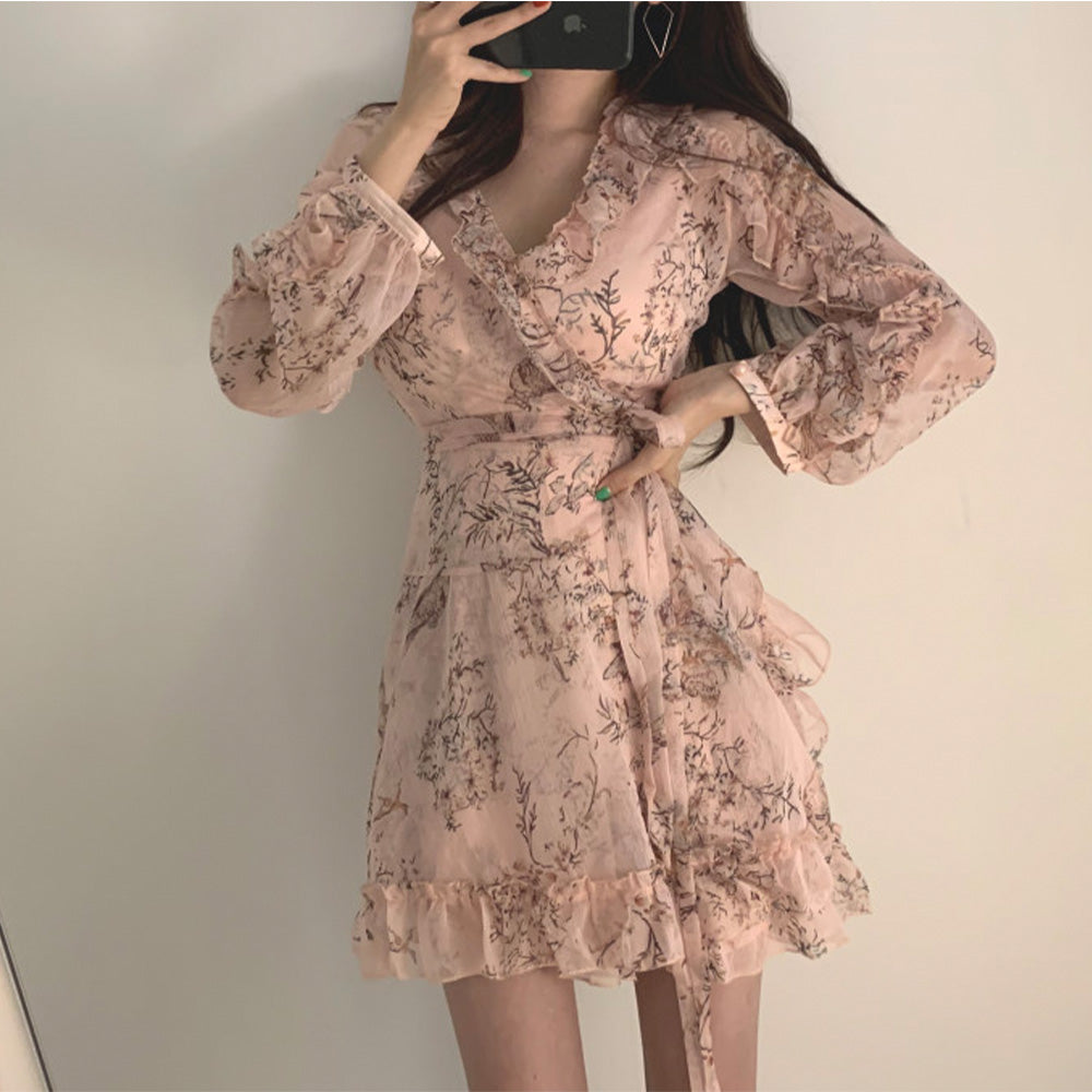 Sixsr Women Mini Dress Spring New V-neck Floral Chiffon Dress High Waist Flare Sleeve Female Dress Woman's Dress KarolyiDora KA88