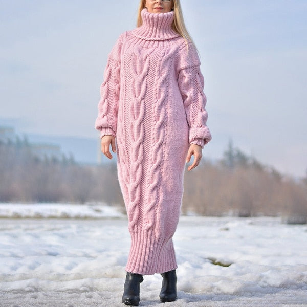 Sixsr Sweater Dress Women Long Sleeve High Neck Knitted Pullover Dress Soft Warm Solid Color Oversize Bodycon Jumper Female Dress