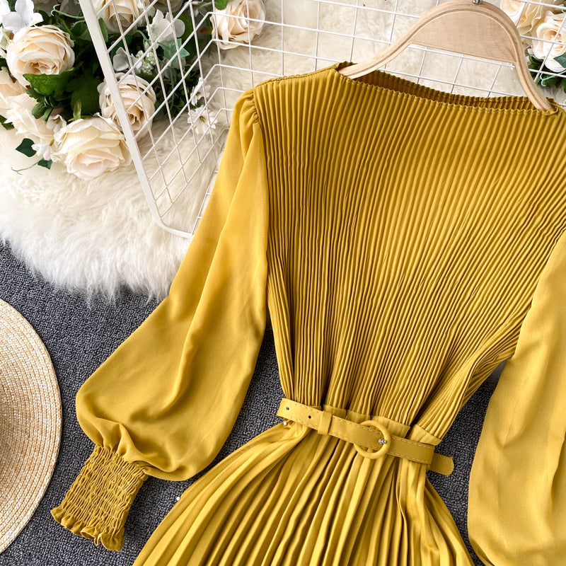 Sixsr Vintage Women Pleated Long Dress Female Elegant Lantern Long Sleeve High Waist Red/Purple Draped Maxi Vestidos Spring Autumn New
