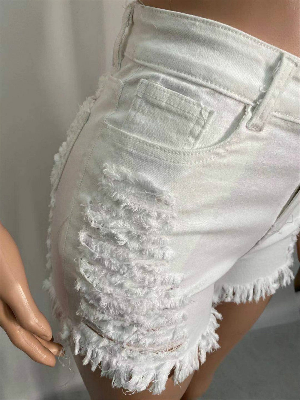 Sixsr New  Summer Ripped Hole Hollow Out Jeans For Women High Waist Sexy Tassels Cut Open Button Slim Denim Shorts Pants