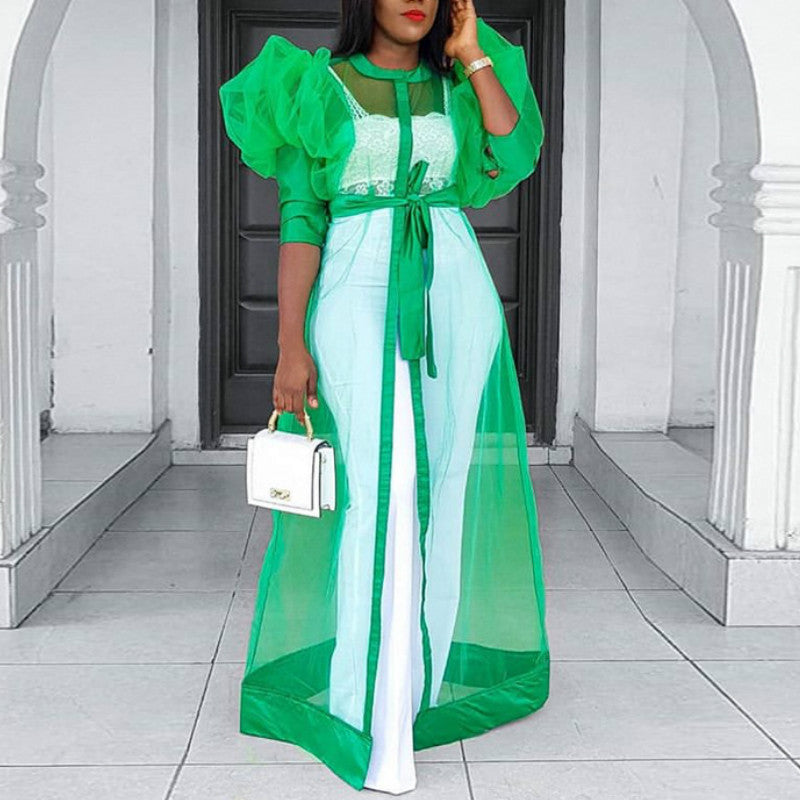 Sixsr African Women See Through Party Dresses Sexy Plus Size Maxi Cover Up Dress Lantern Sleeve Cardigan with Belt Fashion Spring