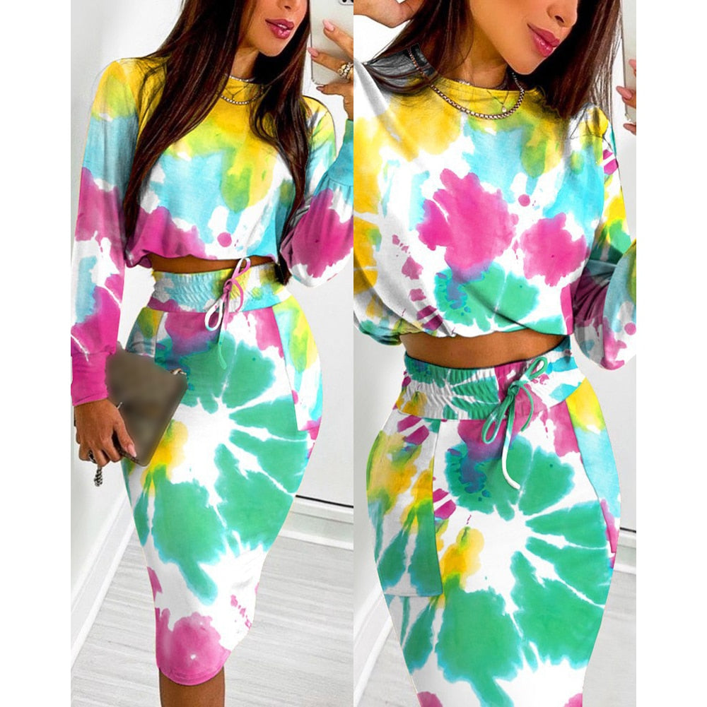 sixsr Sexy Crop Long Sleeve Pink Bodycon Dress Sets Women Autumn Print Cropped Feminino Two Piece Set Women Skirt Dress Suits