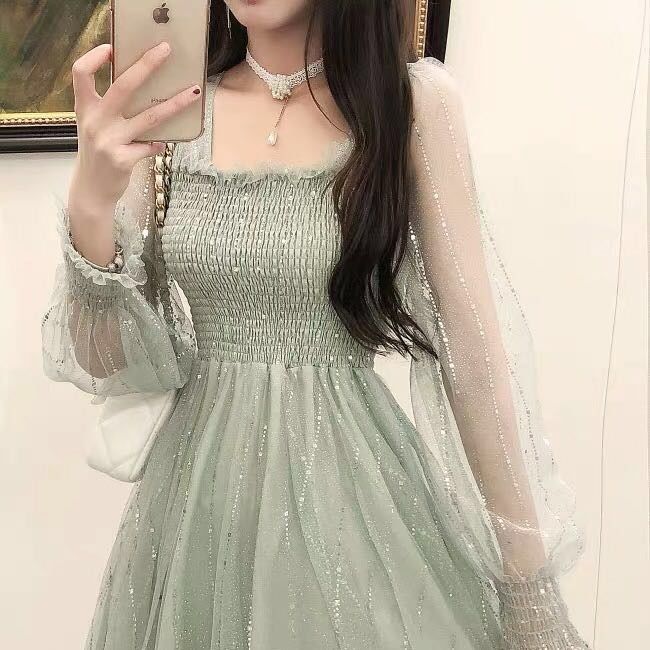 sixsr Long Fairy Dress Elegant Sequins Women Long Sleeve Maxi Dresses Summer One-piece Designer Korean Lady Wedding Party Clothing New