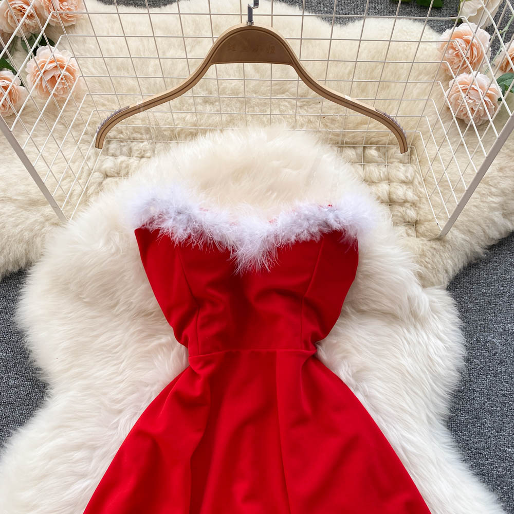 Sixsr Gifts For Women Elegant Dress For New Year Strapless Backless Furry Sexy Short Mini Christmas Dress Navidad Red Party Dress Femme