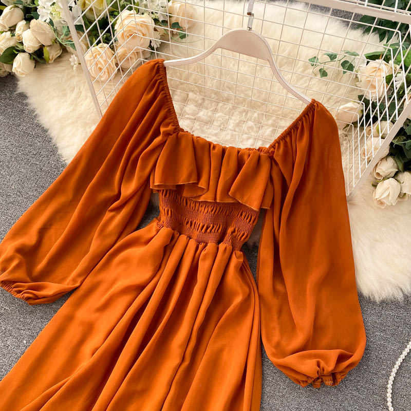 Sixsr Woherb Chic Elegant Square Collar Maxi Dress Women Solid Chiffon Puff Sleeve Dresses Korean Fashion Vintage Ruffle Vestidos