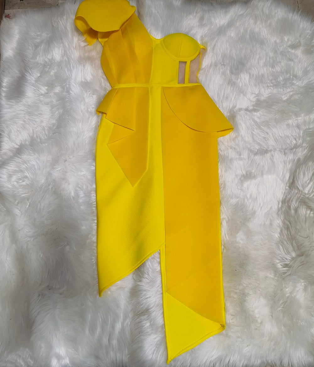 sixsr New Summer Fashion Women Bodycon Dress One Shoulder Bow Mesh Ruffle Sleeveless Bandage Dress Celebrity Party Evening Sexy