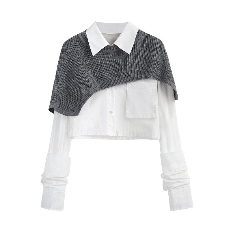 Sixsr Spring Autumn Fashion Women Two Pieces Sets Long Sleeve Short Blouse Shirt + Solid Knitted Pullover Crop Shawl Sweater Female Tops