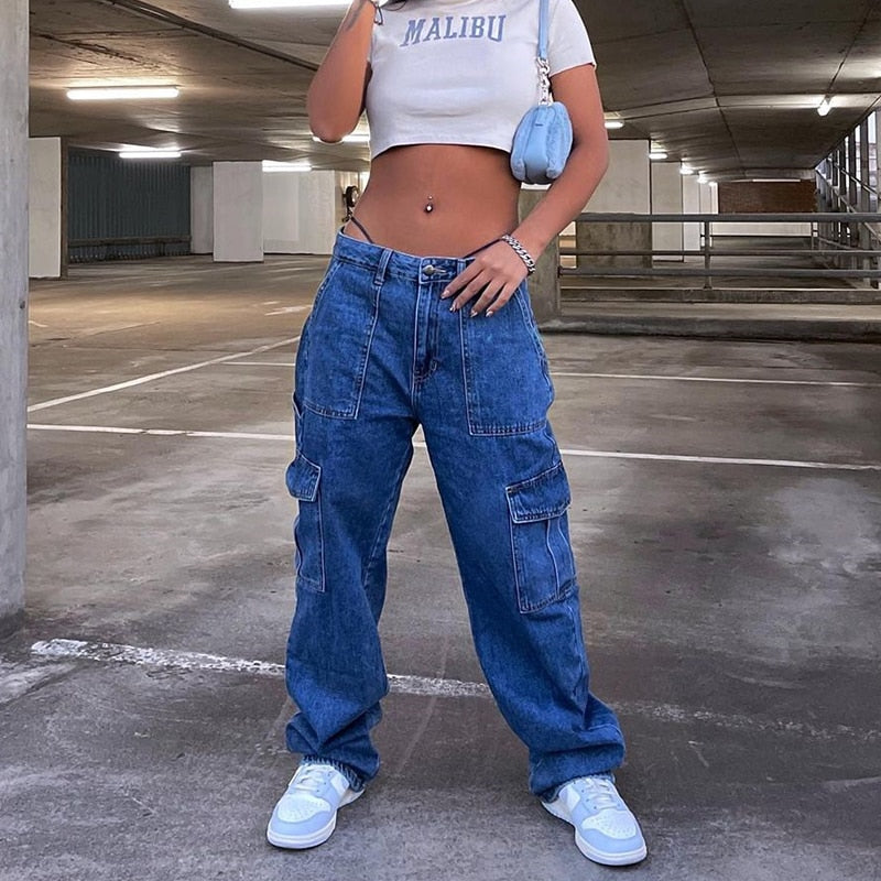 Sixsr Y2k Cargo Pants Women's Jeans New Fashion Baggy Jeans Denim Overalls 90s Low Rise Pocket Straight Leg Trousers Streetwear
