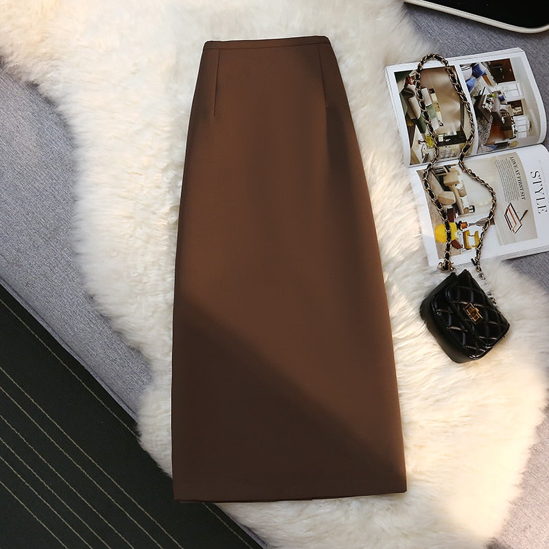 sixsr Fashion Elegant Formal Skirts Women Autumn New High Waist Drape Suit Long Brown Skirt Zipper Female
