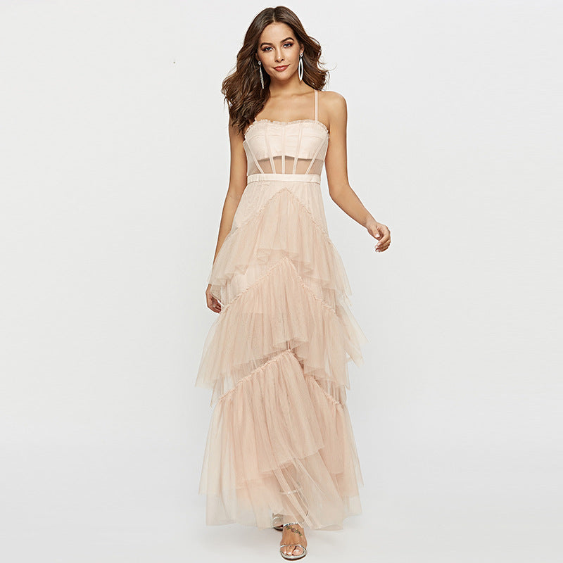Womens Fashion Summer Sling Long Lace Dress Women Hollow Stitching Sexy Bubble Dress Backless Sleeveless Plus Size White Party Elegant Clothes