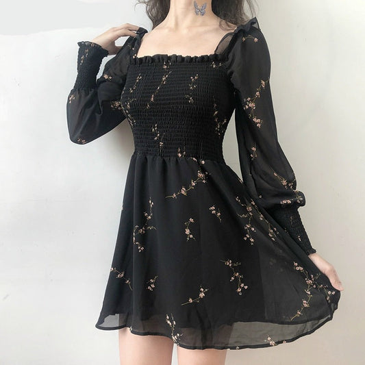 Spring  Womens Sexy Black Dress Vintage Flower Long Puff Sleeve Chiffon Dresses Korean Casual Mini Vestidos Mujer Clothes