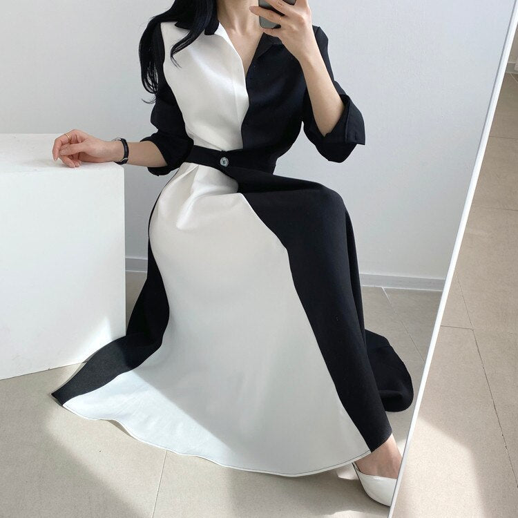 Sixsr Spring Autumn Retro Temperament Contrast Color Lapel Long-Sleeved Shirt Female Midi Dress Korean Elegant Fashion Slim Chic Dress