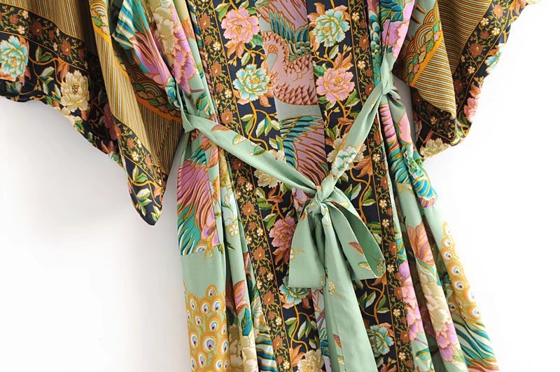 Sixsr women peacock floral print bat sleeve beach Bohemian Kimono robe Ladies V neck Tassel Summer happie dress vestidos