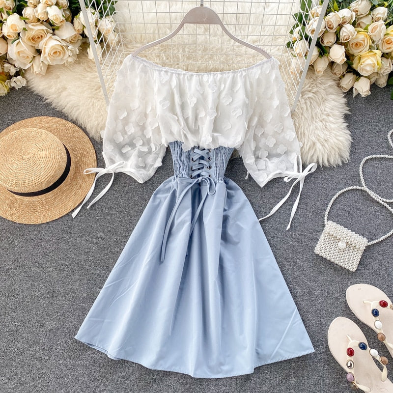 Sixsr  Spring Outfits Sexy Off Shoulder patchwork Summer Short Dress Party flower chiffon Slim waist lace up Women casual A-Line beach dress