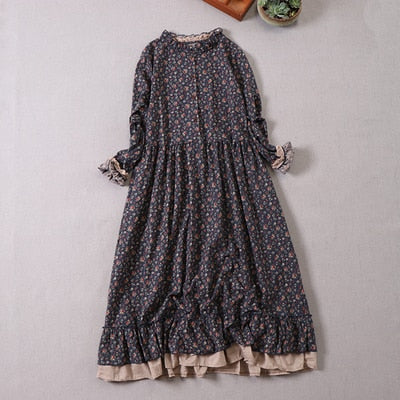 Japanese Mori girl art print dress autumn new floral dress loose long-sleeved dress