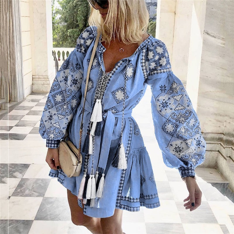 Sixsr Tassel Sashes Mini Dresses Women Summer Autumn Sexy V-Neck Boho Dress New Bohemian Floral Printed Beach Dress Vestidos