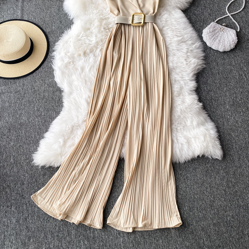 Vintage Notched Collar Draped Rompers For Women Casual Sleeveless High Waist Wide Leg Playsuits Female Beige/Green Jumpsuit