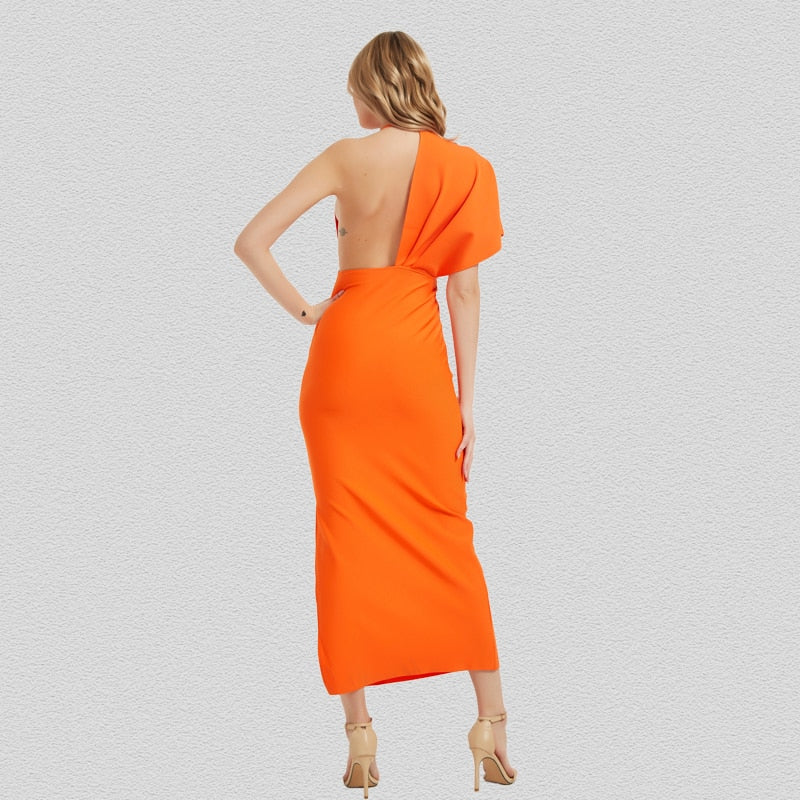 Fashion Trends Draped Backless Women Side Split Evening Club Party Dress New Sexy V Neck Orange Black Long Bandage Dress Vestidos