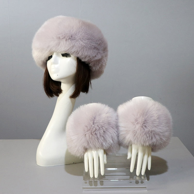Sixsr New Autumn Winter Caps Female Hats Cuffs Set Fashion Warmth Imitation Quality Design Faux Fur Hat Fox Fur Sleeves Suit Accessary