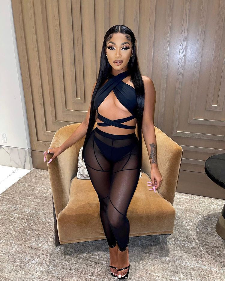 sixsr Womens Fashion 3 Pieces Set Bandage Lace Up Halter Crop Top Sheer Mesh Pants set Party Night Club Outfits Streetwear See Through Cloth