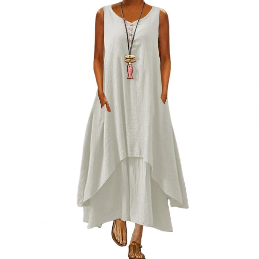 Sixsr Summer Dress Plus Size Floral Print Irregular Hem Women Buttons Round Neck Dress Women's Clothing Sleeveless Beach Maxi Dresses