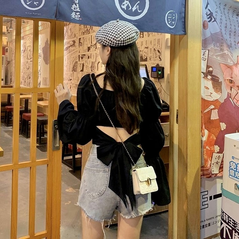 Sixsr Women Spring Fashion Back Puff Sleeve Shirts Women Autumn French Bow Bandage Blouses New Black Pink Square Neck Cropped Tops Female