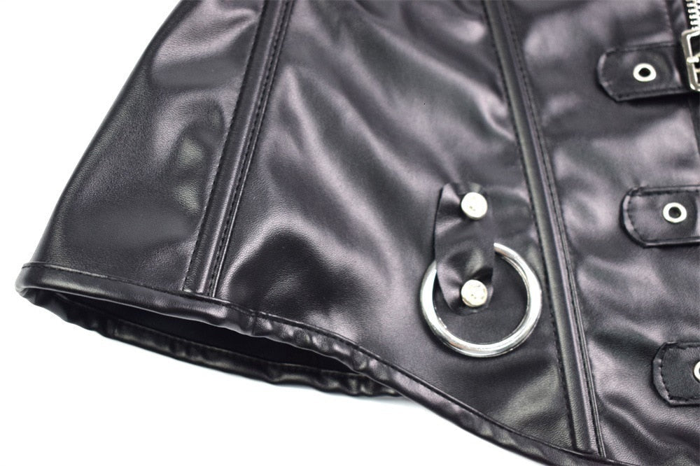 Faux Leather Corset Top Shoulder Strap Corselet Black Zipper Buckled Bustier Waist Trainer Vest Corset Overbust Women Steampunk