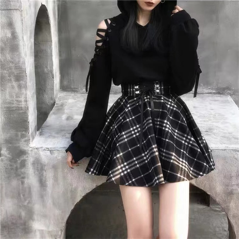 Sixsr Gothic Lolita skirt female S-XL multi-size autumn and winter high waist lace-up short check wool skirt mini ballet skirt