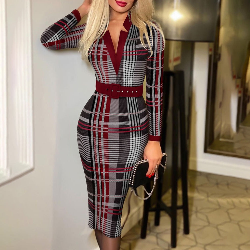 Sixsr Spring Outfits  Trends Office Lady Long Sleeve V-neck Maxi Dress Spring Autumn Vintage Print Slim High Waist Belted Vestidos De Mujer Elegant Dresses