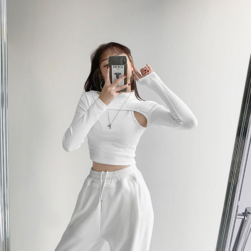 Sixsr Hollow Knitted Crop Tops Women New Fitness Fake Two-piece T-shirt Female Black White Long Sleeve Tops
