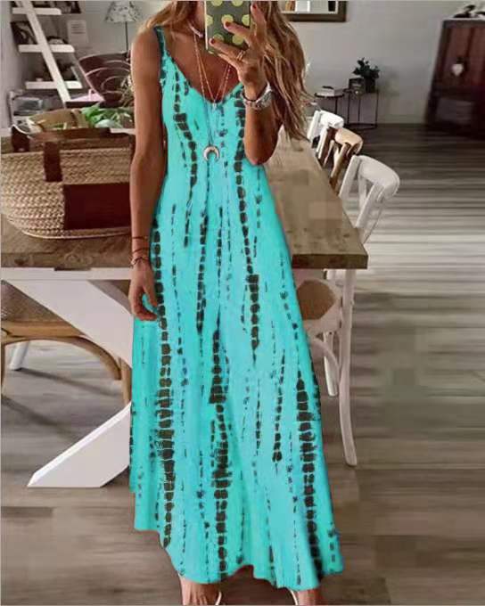 Sixsr Selling New High Street Tie Dye Dress Sexy Spaghetti Strap V Neck Long Dresses Women Summer Beach Dresses Party Tunic Plus Size 5XL