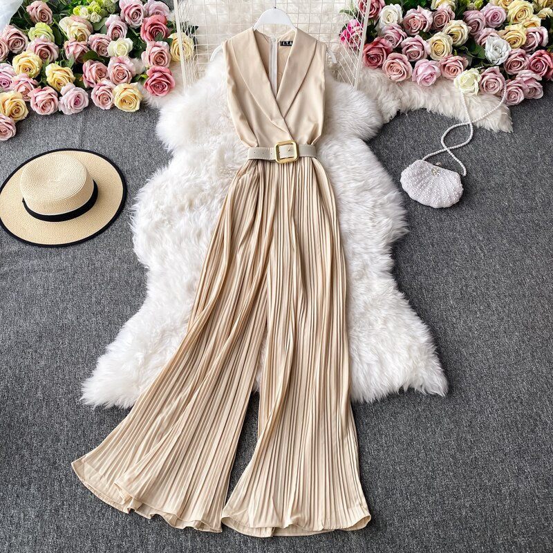 Vintage Notched Collar Draped Rompers For Women Casual Sleeveless High Waist Wide Leg Playsuits Female Beige/Green Jumpsuit