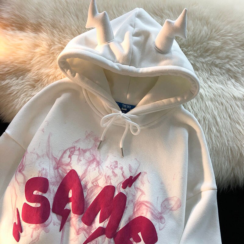 Sixsr Retro little horns design sense oversize hooded sweater women fall/winter new loose lazy style student couple top clothes