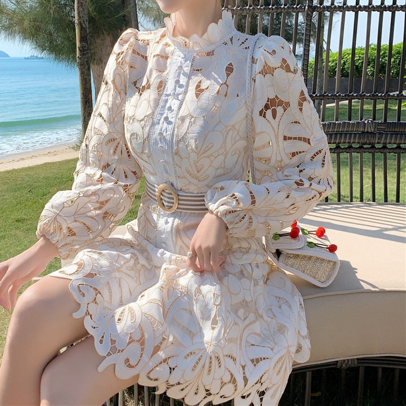 Sixsr Vintage Hollow Out Lace Floral Embroidery Dress Spring Autumn Women Stand Collar Lantern Sleeve High Waist Sashes Short Dresses