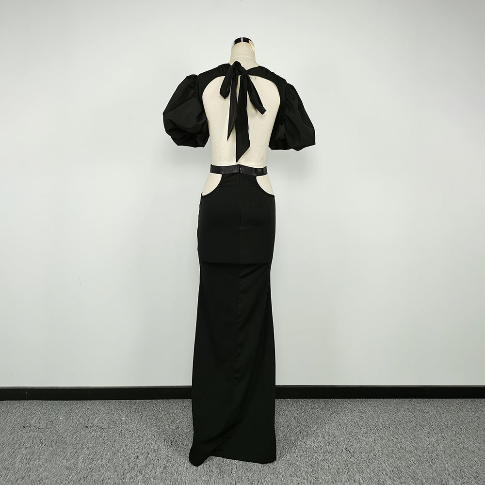 Summer Women's Dress Fashion Cut Out Backless Evening Sexy Night Club Party Black Puff Sleeve Celebrity Long Formal Dress
