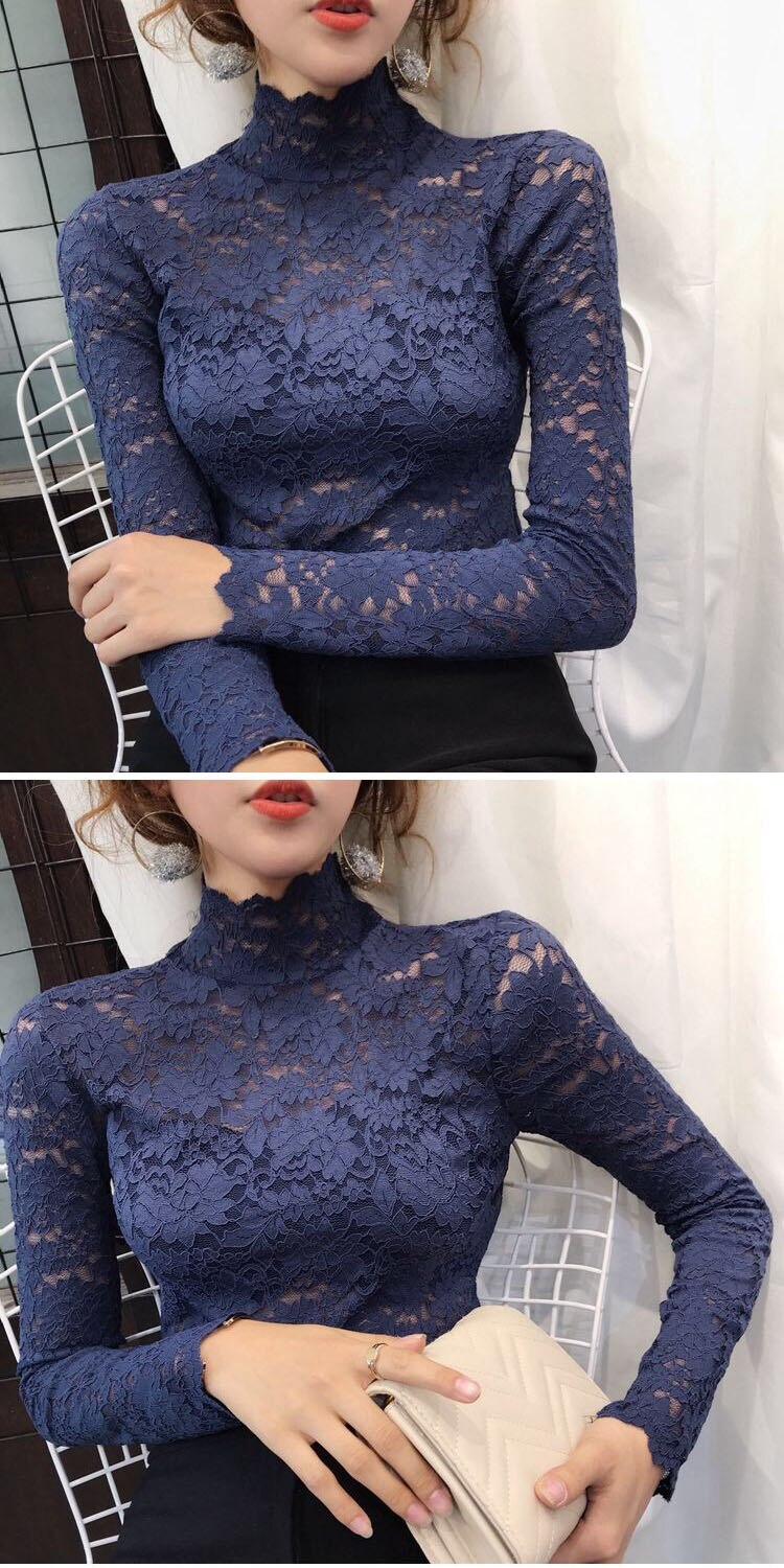 Sixsr gifts for women Plus Size Women Lace Blouses Shirts Sexy Hollow Out Long Sleeve Solid Blouse Lady Elegant Floral Embroidery Elastic Shirt Tops